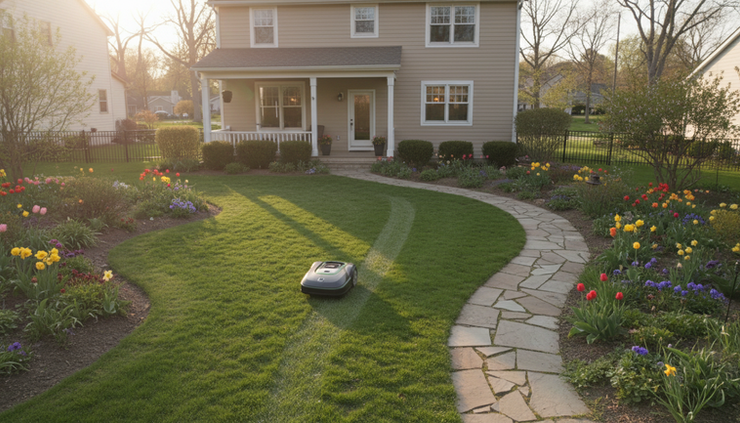 Overhead view of a compact robot mower cutting a small backyard lawn beside a garden path.
