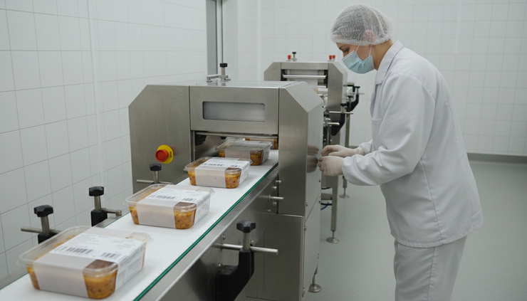 Side view of sealed finished food packages leaving a labeling machine on a production line.