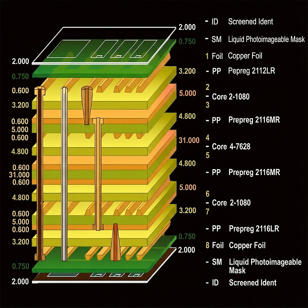 Colorful layered diagram of a circuit board cross-section with labels for materials like copper foil, prepreg, and cores on a black background.