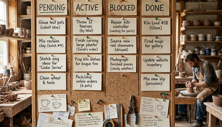 Eye-level view of handwritten task cards arranged on a workshop wall