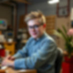 Smiling young man with glasses and blue shirt sits at a desk in a workshop or office, with plants and equipment blurred behind.
