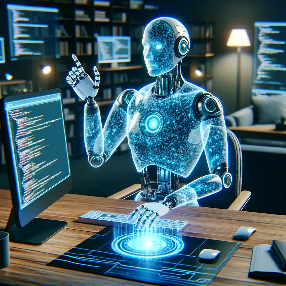 A glowing blue humanoid robot interacts with a digital interface and screen displaying code in a modern office. Shelves and a lamp are visible.