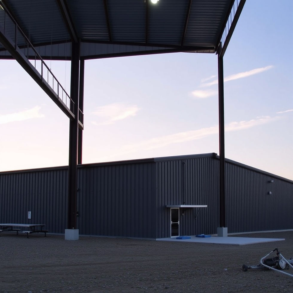 Metal building exterior at dusk, with a large overhang. Gravel ground, bike frame in foreground. Sky is light purple with soft clouds.