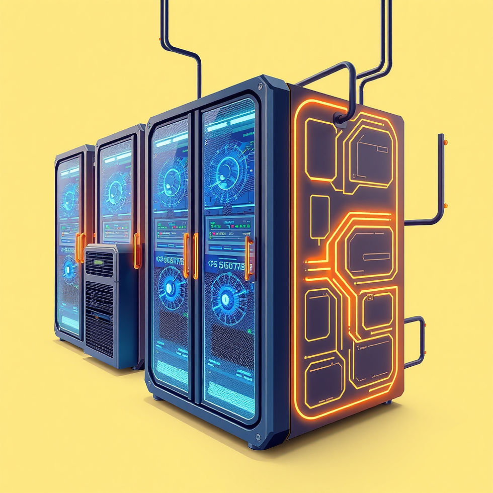 Futuristic server units with blue glowing dials and cables on a yellow background. Bright neon orange lines adorn the sides.