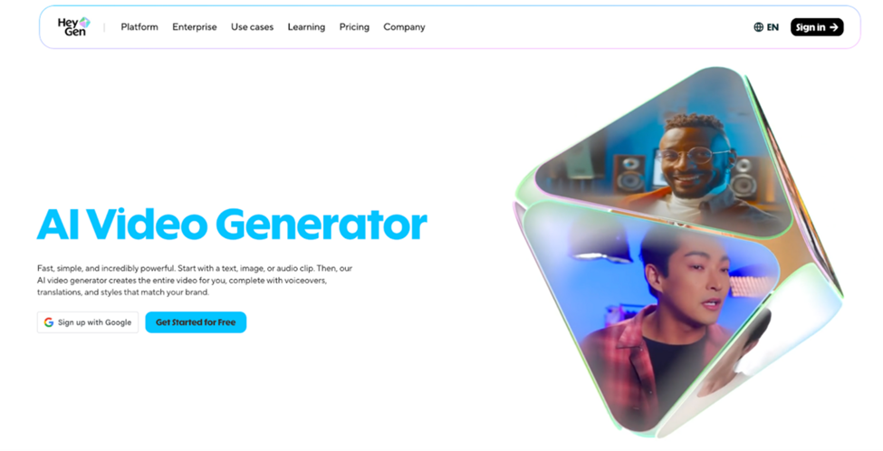 AI Video Generator website with option to sign up. Features rotating 3D images of diverse people. Text highlights ease of creating videos.