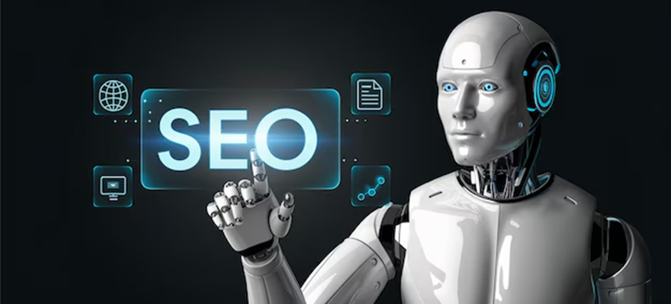 Robot pointing at glowing SEO text with icons on a dark background. The robot has metallic gray skin and blue accents, conveying a tech theme.