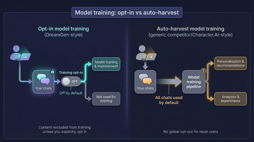 Comparison chart of model training: Opt-in (left) vs Auto-harvest (right). Key differences in chat usage and user privacy are highlighted.