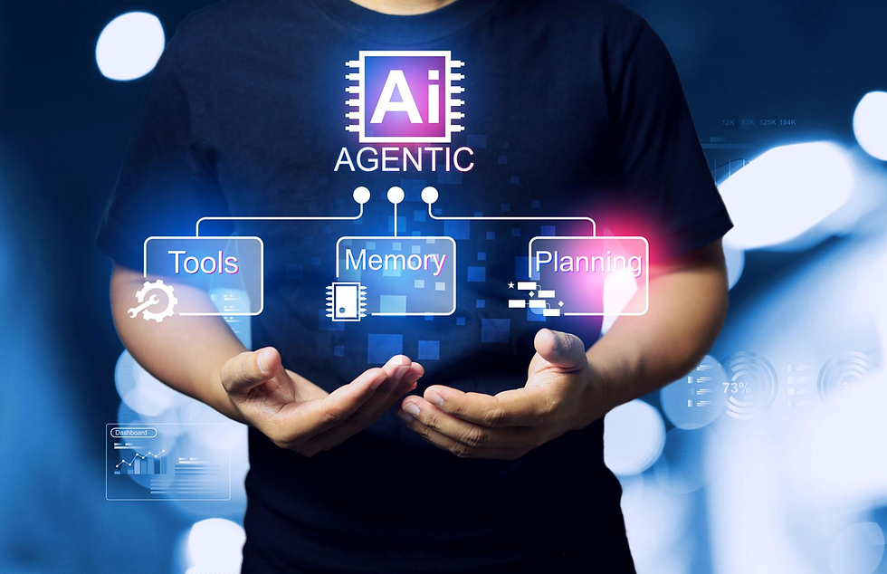 Person holding holographic text: AI Agentic, Tools, Memory, Planning in a tech-themed setting. Blue and pink hues dominate the background.