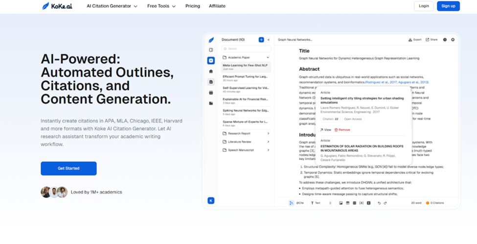 Koke.ai interface with AI-powered features for generating outlines and citations is displayed. A window shows document editing tools.