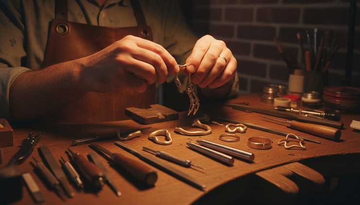 Wide-angle view of a jeweler adjusting a compact robotic arm beside traditional hand tools
