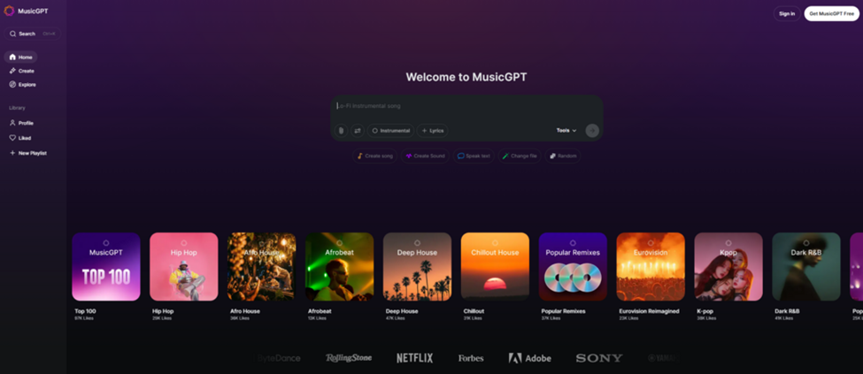 MusicGPT interface with a dark purple theme, featuring music genres like Hip Hop and Afrobeat. Options include creating songs and exploring playlists.
