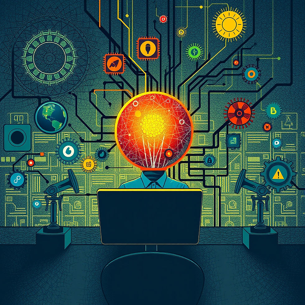 A person with a glowing neural network head works at a computer. Colorful tech symbols and circuit patterns adorn the dark background.