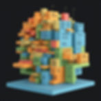 Multicolored 3D blocks with text stacked on a blue platform against a dark background, resembling an abstract cityscape.