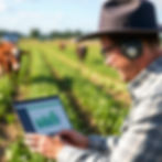 Farmer in hat and headphones checks a tablet with bar chart in a green field, with cows blurred behind.