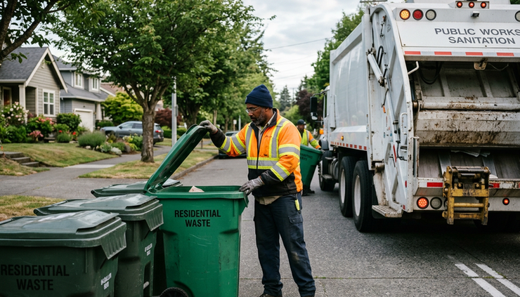 Eye-level view of a sanitation worker checking carts beside a collection truck.