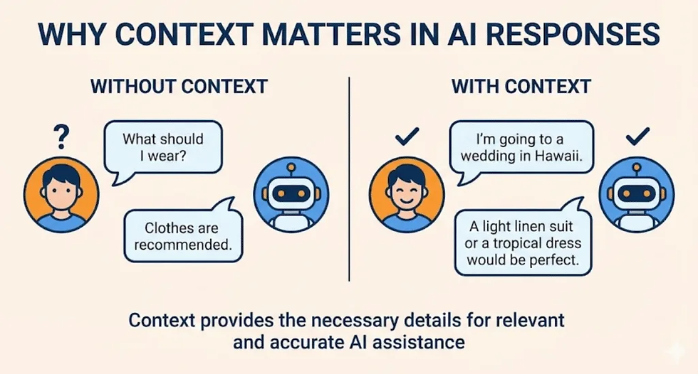Infographic on AI responses shows differences with and without context. Illustrations of a person and robot with speech bubbles and text highlights.