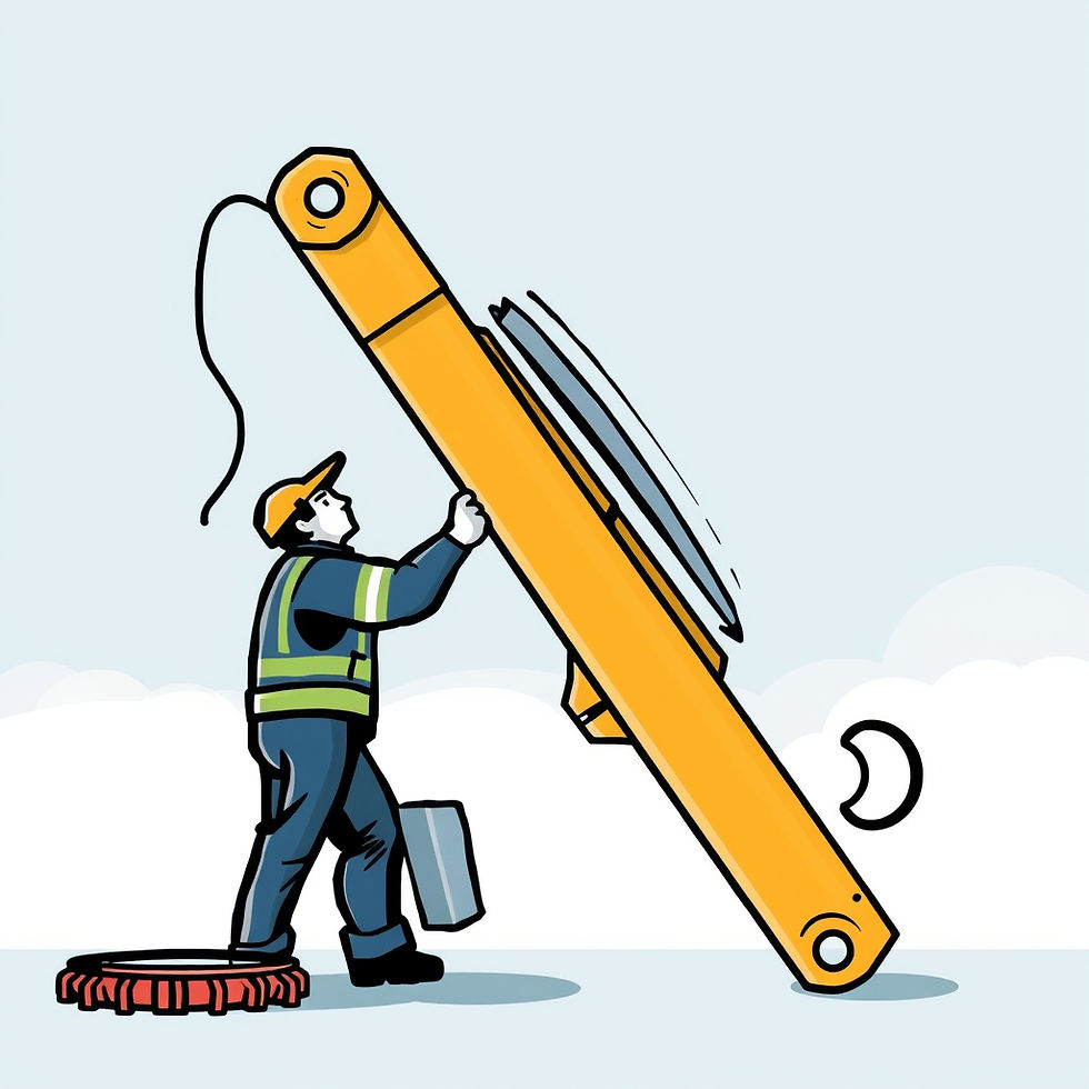 Worker in safety gear adjusts tall yellow lever, surrounded by clouds and sky. Bright colors and calm mood.