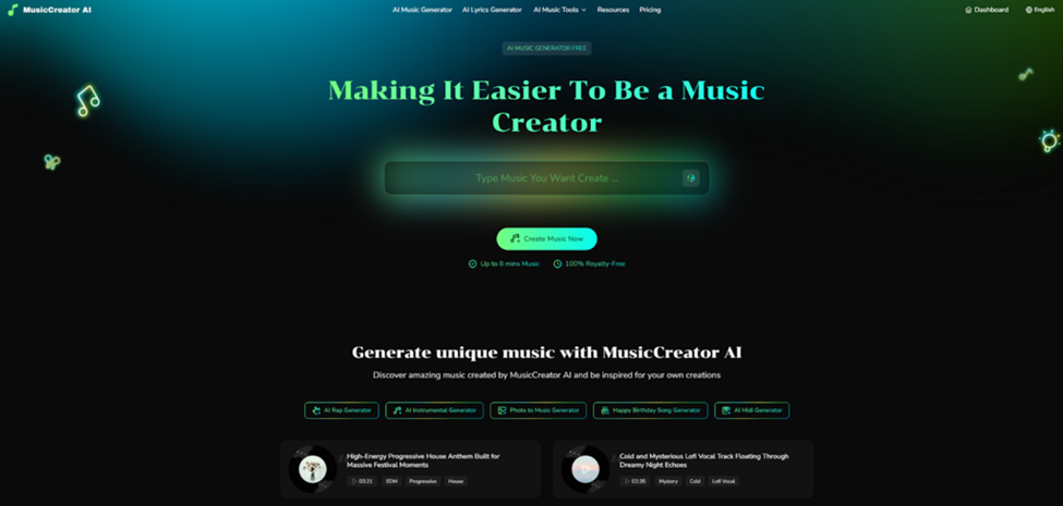 Webpage for MusicCreator AI with green and black theme. Text says "Making It Easier To Be a Music Creator." Features music generation tools and songs.