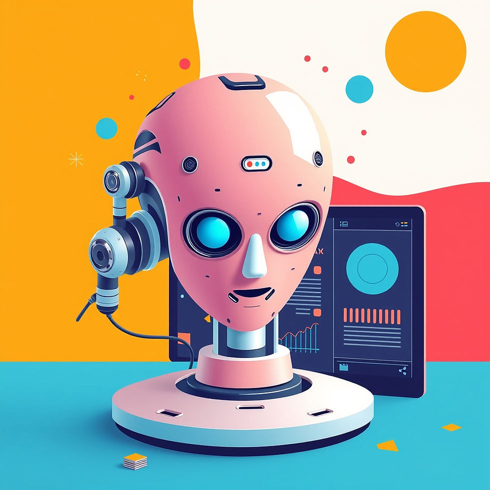 Pink robot head with headphones in front of screens displaying data. Vibrant background with blue, orange, and red circles. Futuristic vibe.
