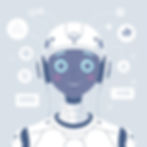 Robot with headphones smiling, surrounded by icons on a light blue background. Icons include a triangle, leaf, mail, and globe.