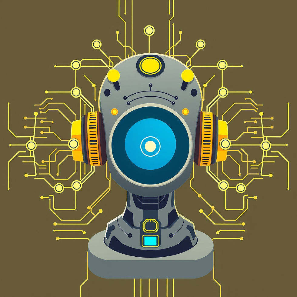 Futuristic robot head with blue lens and yellow headphones against a circuit board background, evoking a techy, sci-fi vibe.