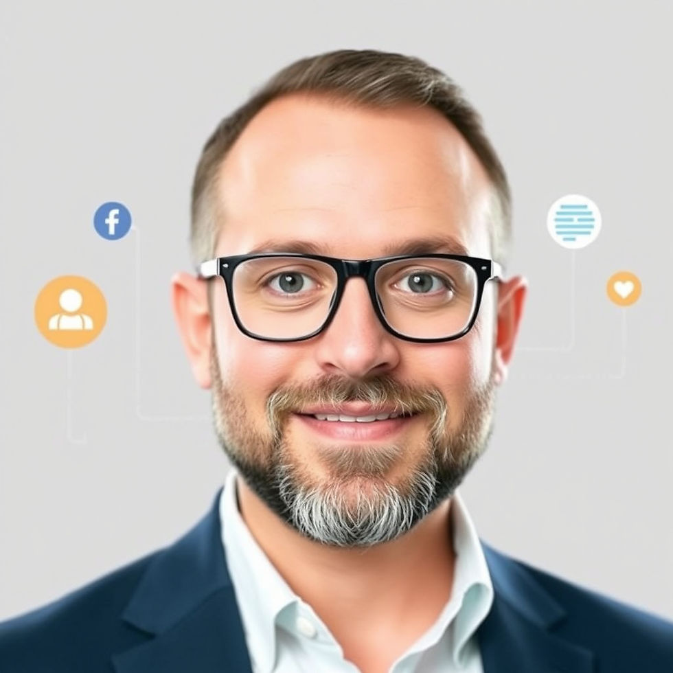 Smiling man in glasses with digital icons around his head on a light gray background. Icons include social media and communication symbols.