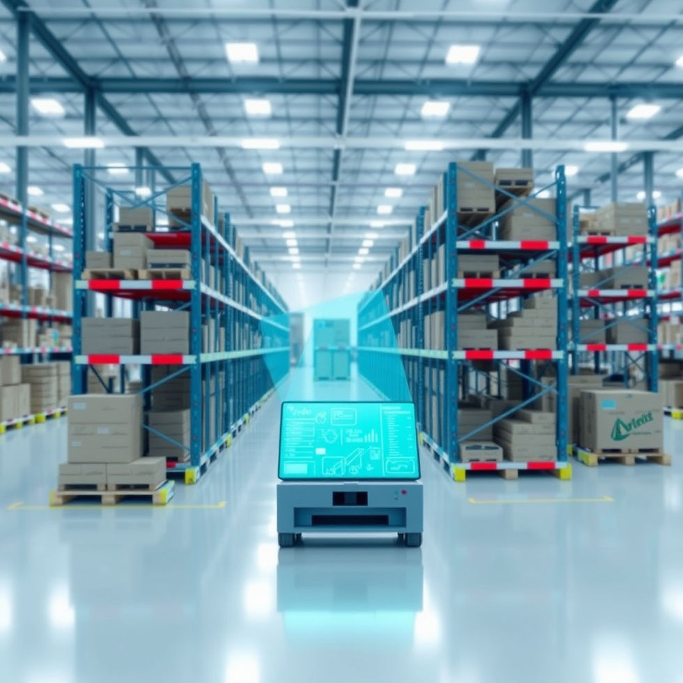 A robotic cart with a digital screen navigates a warehouse aisle with stacked shelves and boxes. Bright, well-lit industrial setting.
