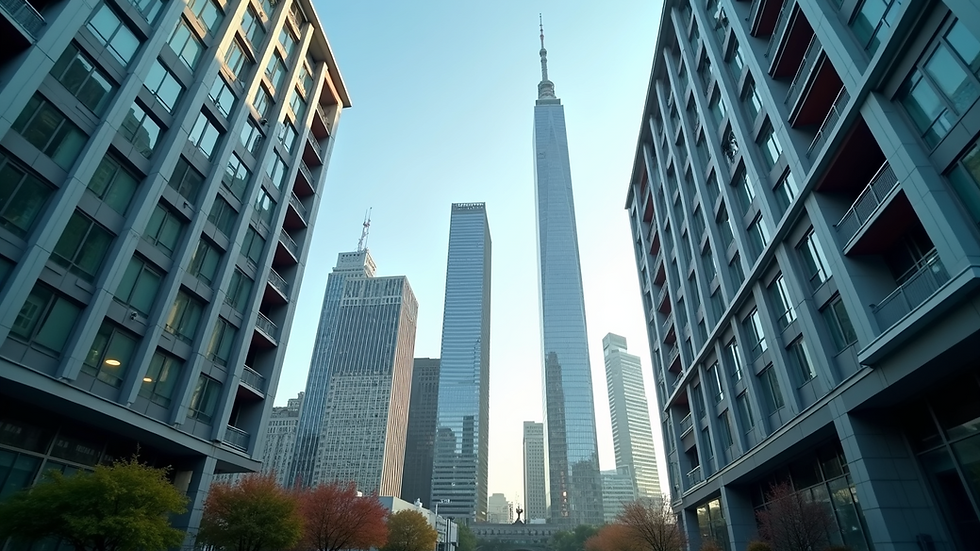 Eye-level view of a cityscape with 5G towers