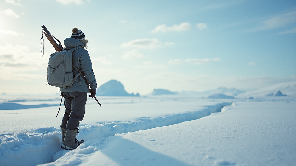 Eye-level view of a young Inuit hunter standing on a snowy landscape