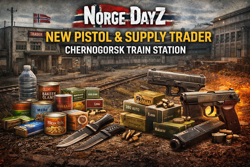 Chernogorsk Train Station har blitt en ny DayZ pistol trader på Norge DayZ. Her kan spillere kjøpe mat, drikke, ammo, kniver og pistoler før de drar videre nordover.