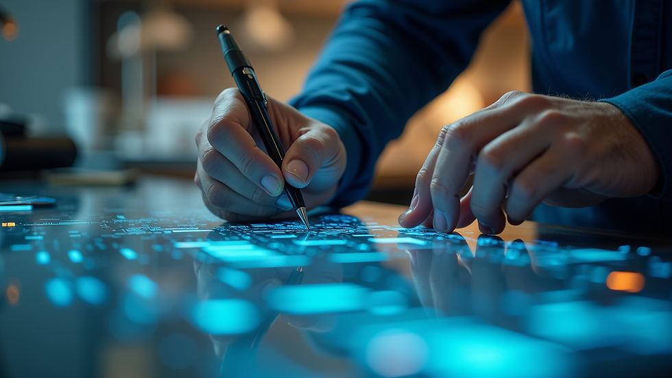 Plano detalle de manos trabajando en teclado con gráficos tecnológicos en pantalla
