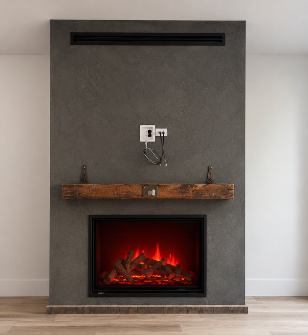 Grey-tone MicroCement fireplace surround with textured seamless finish, wood mantel, and modern gas fireplace.