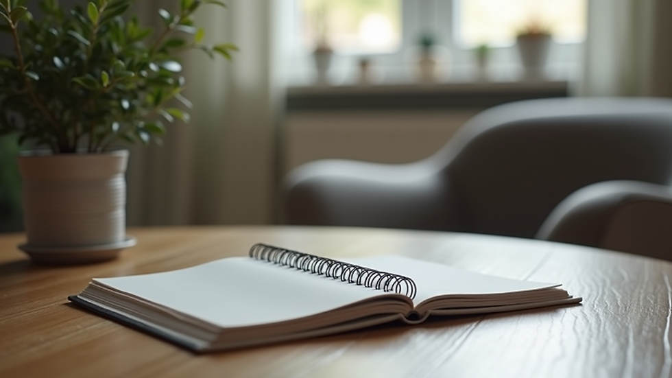 Close-up view of a notebook and a therapist's chair in a cozy office