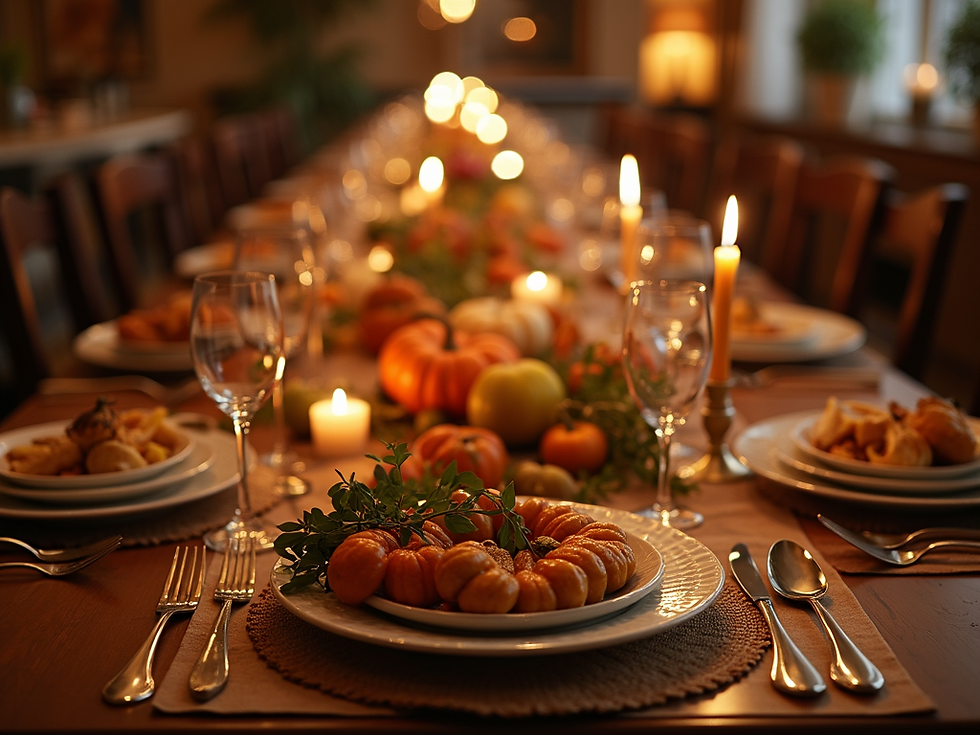 A beautifully-set thanksgiving-dinner table-ready-for-guests-with-plenty-of-food-and-warm-
