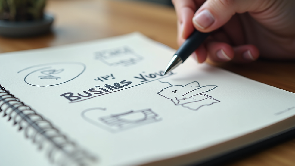 Close-up view of a notebook with handwritten business ideas and a pen