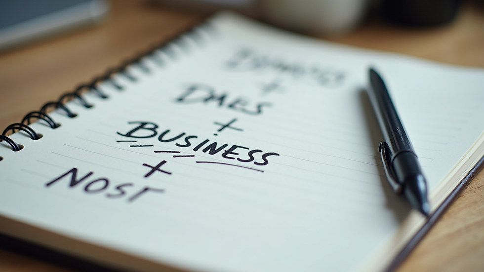 Close-up view of a notebook with handwritten business ideas and a pen