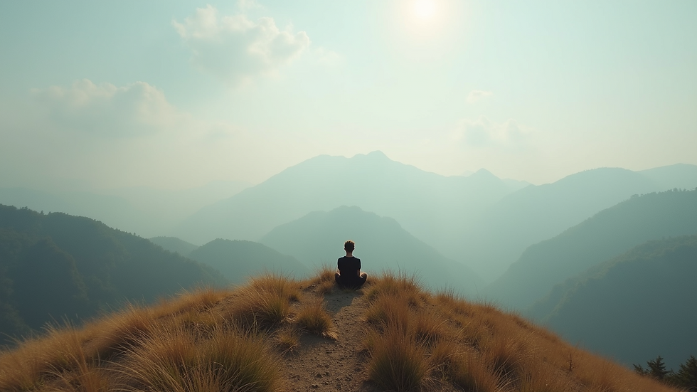 High angle view of a person sitting peacefully on a hilltop