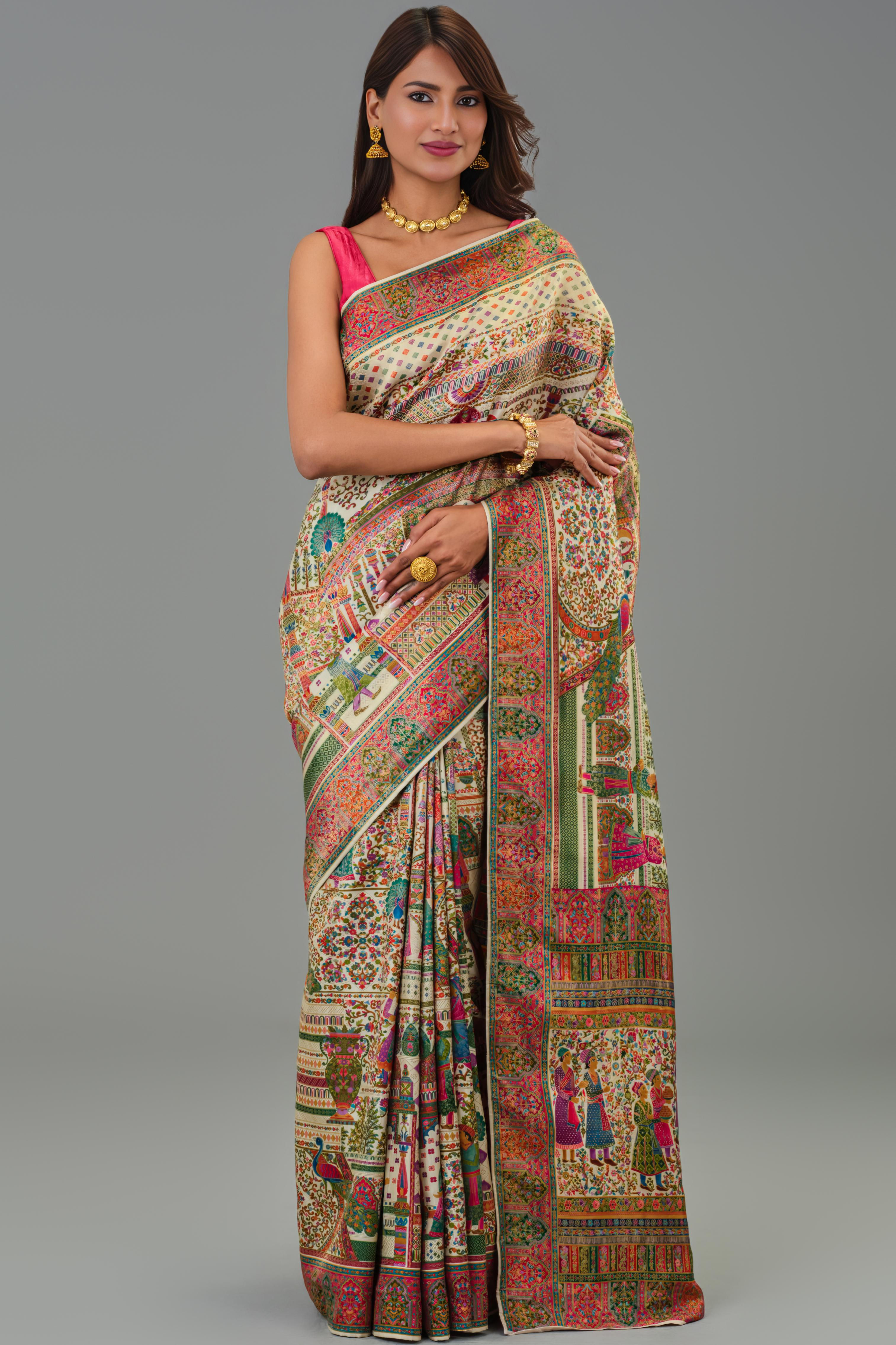 Cream Position Print Russian Silk Saree