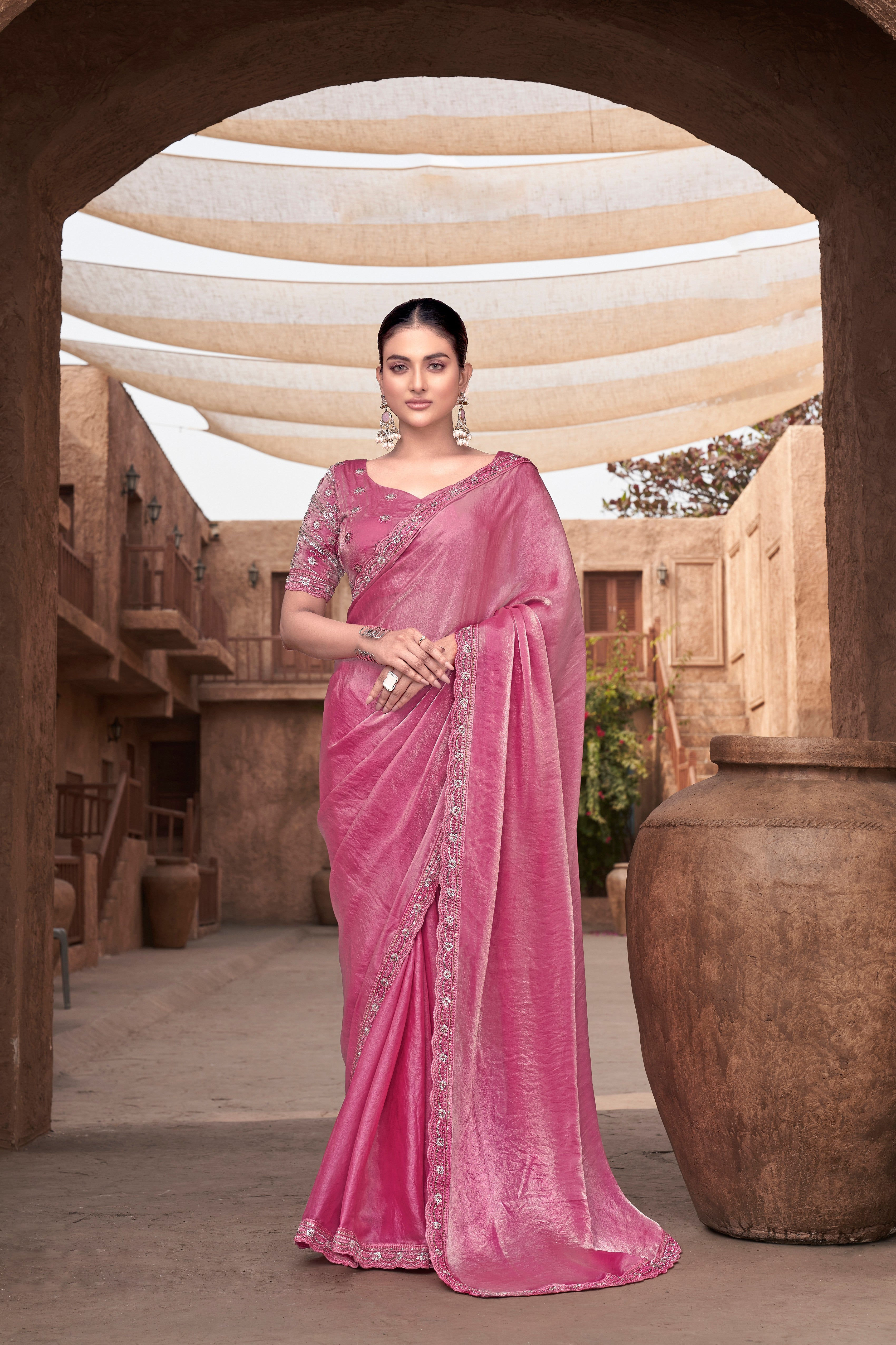 Bright Pink Embellished Metallic Satin Silk Saree