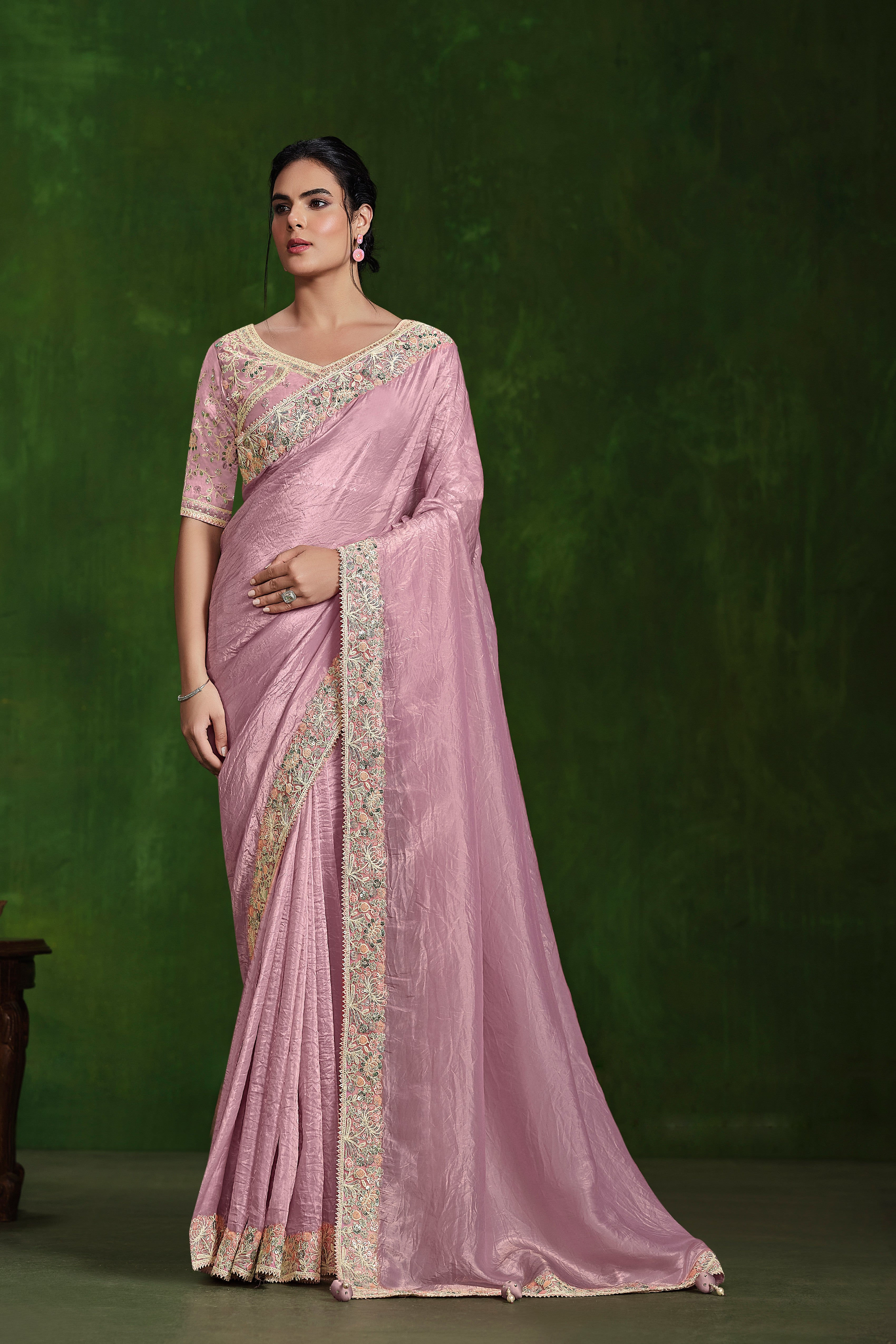 Light Pink Embellished Satin Silk Saree
