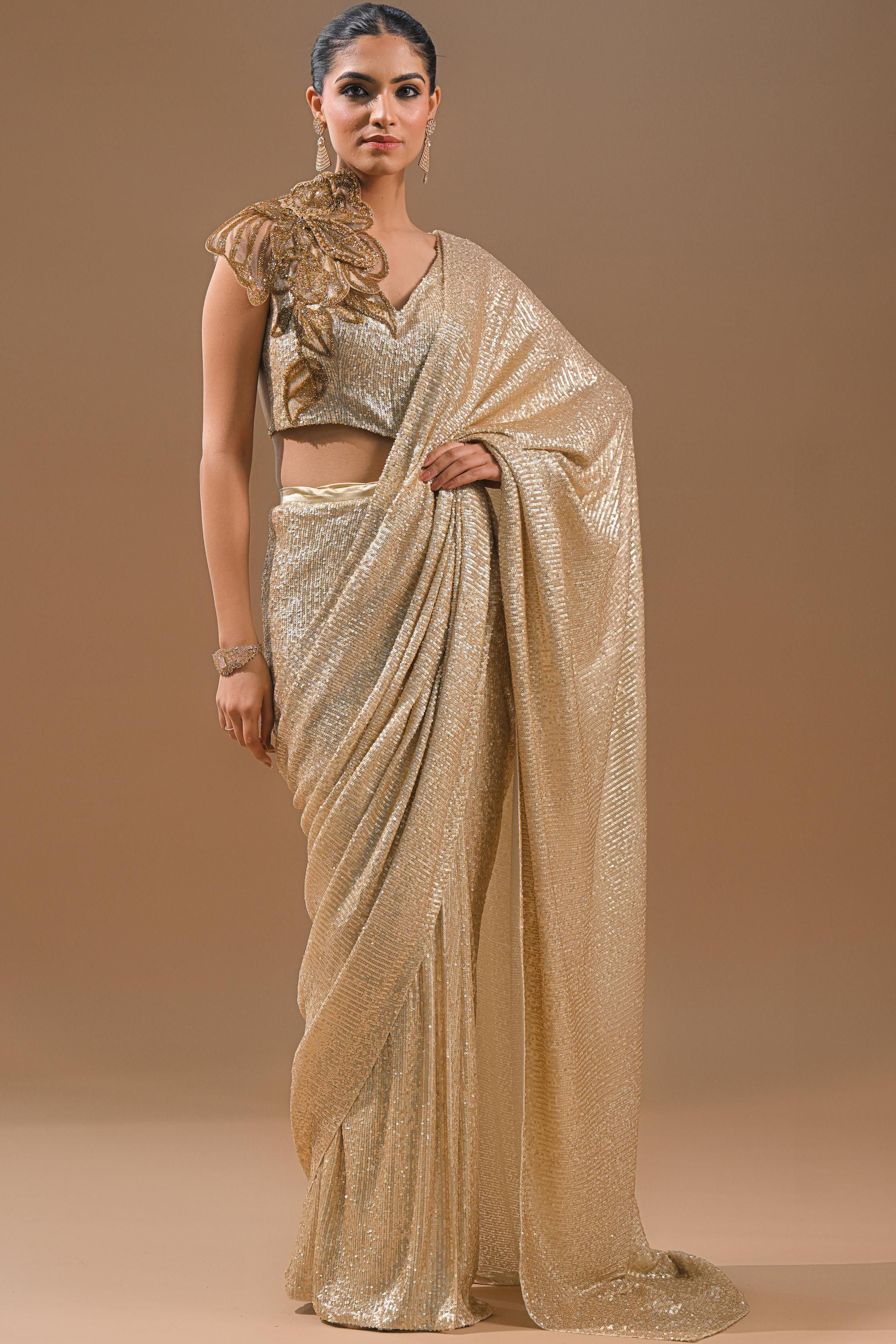 Gold Sequin Embellished Net Saree