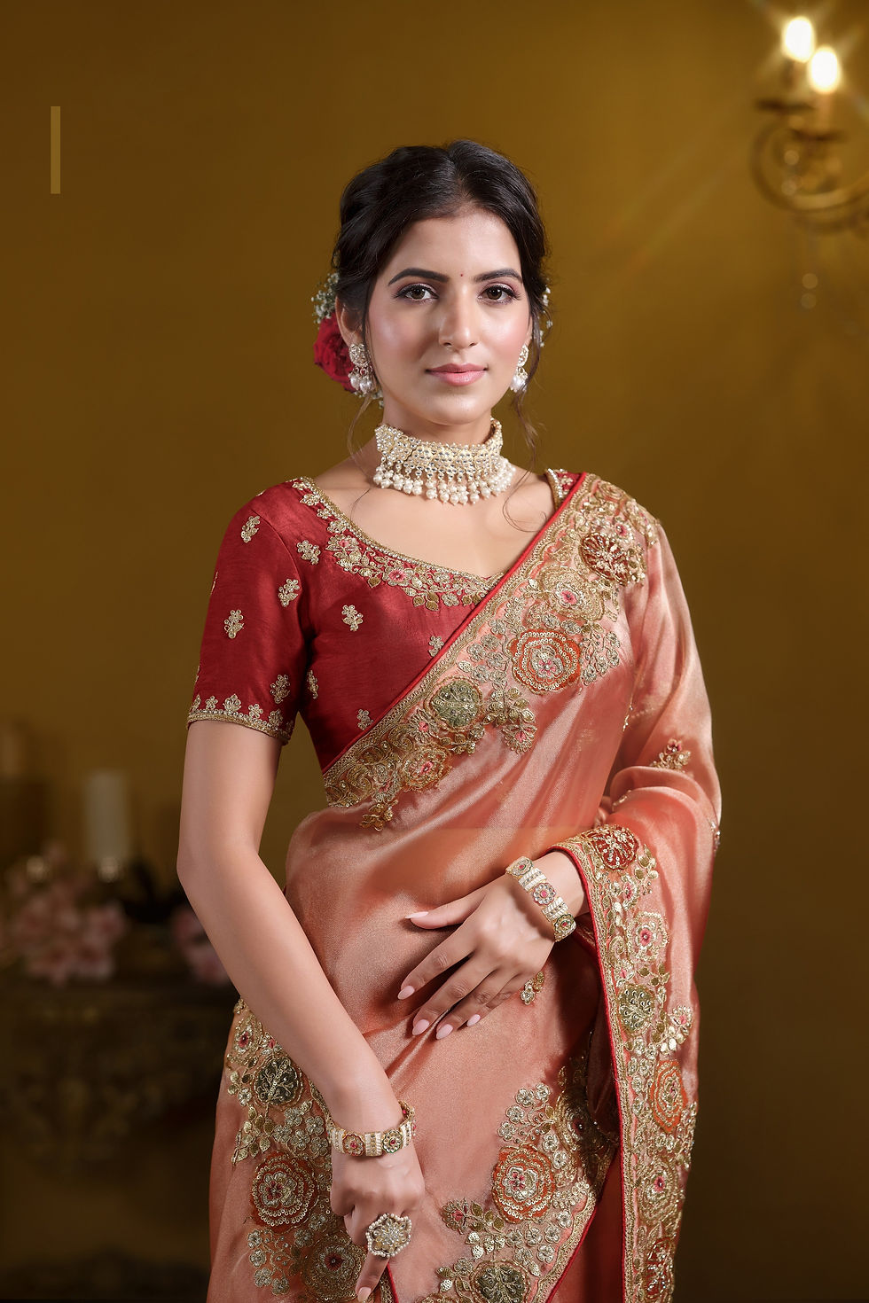 Thumbnail: Royal Metallic Dusty Orange Embellished Premium Tissue Silk Saree