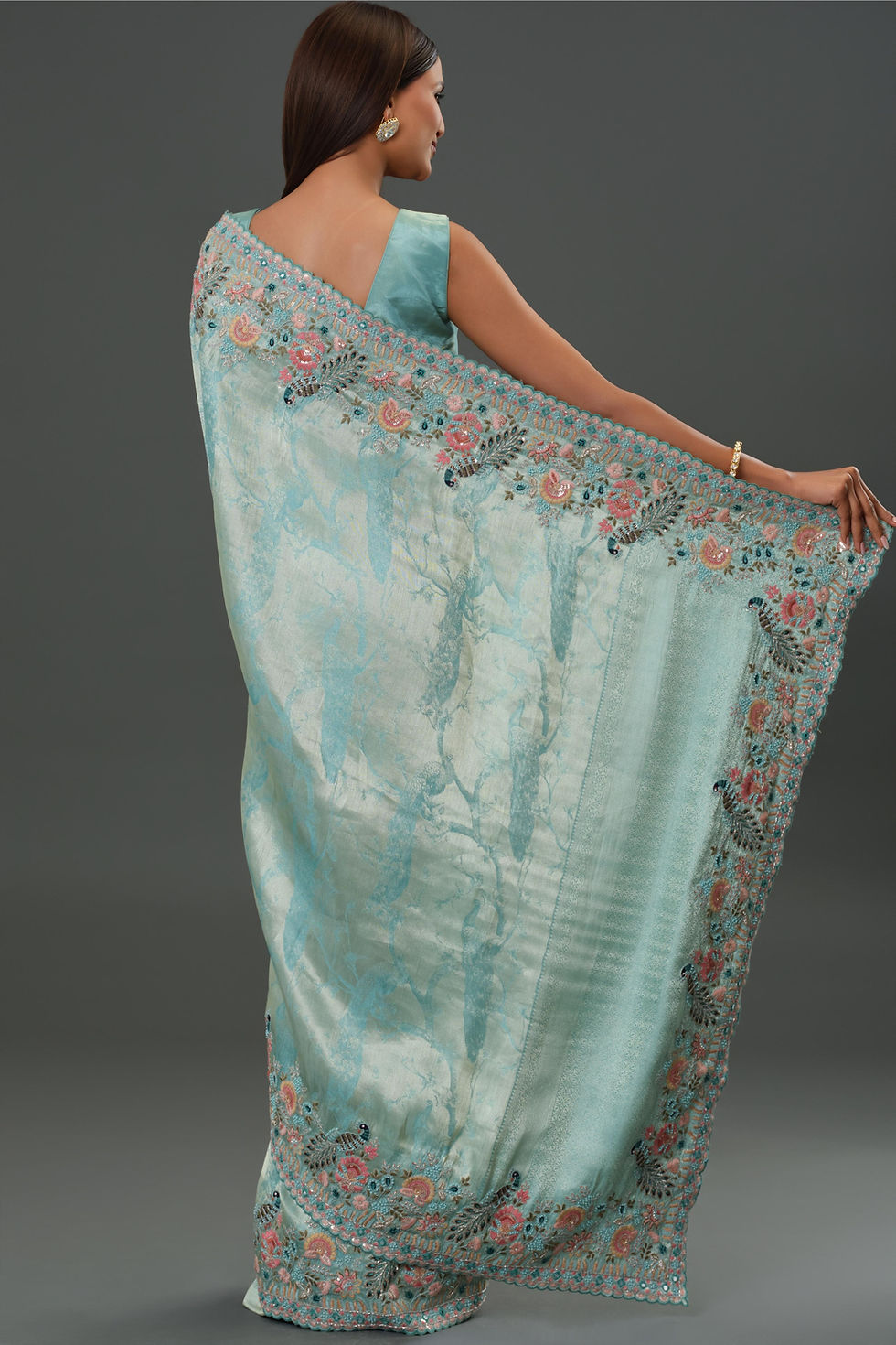 Thumbnail: Blue Embroidered Tissue Silk Saree