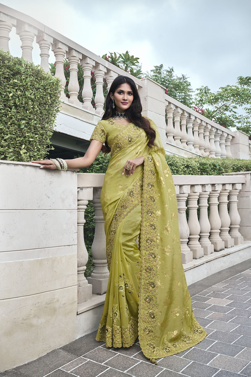 Thumbnail: Light Green Embroidered Tissue Silk Saree