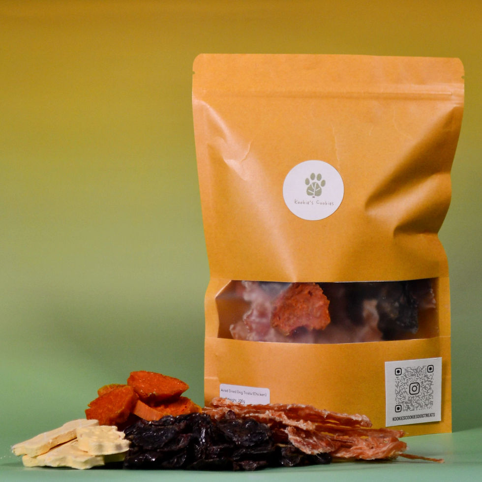 Front view of chicken-flavor dehydrated dog treats — assorted treats displayed outside and packed in a resealable pouch.