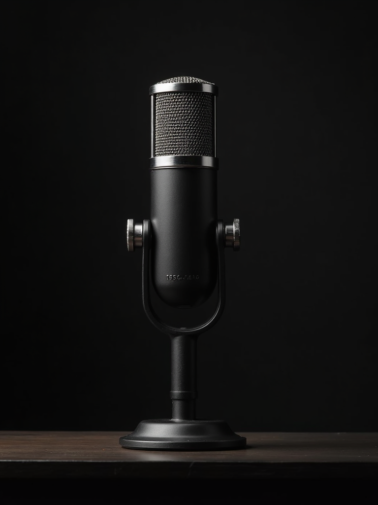A vintage style studio microphone set against an artistic atmospheric background.