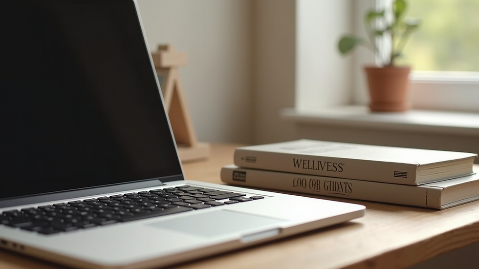 Eye-level view of a cozy home office setup with a laptop and wellness books
