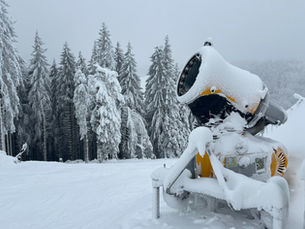 Sneeuwkanon in Winterberg Duitsland, flink onder de sneeuw met op de achtergrond een besneeuwde ski piste en besneeuwde bomen.