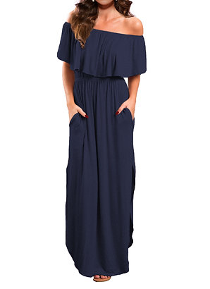 VERABENDI Women's Off Shoulder Summer Casual Long Ruffle Beach Maxi Dress