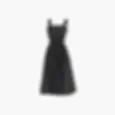 Vestido preto midi com estampa de poá branca e alças largas.